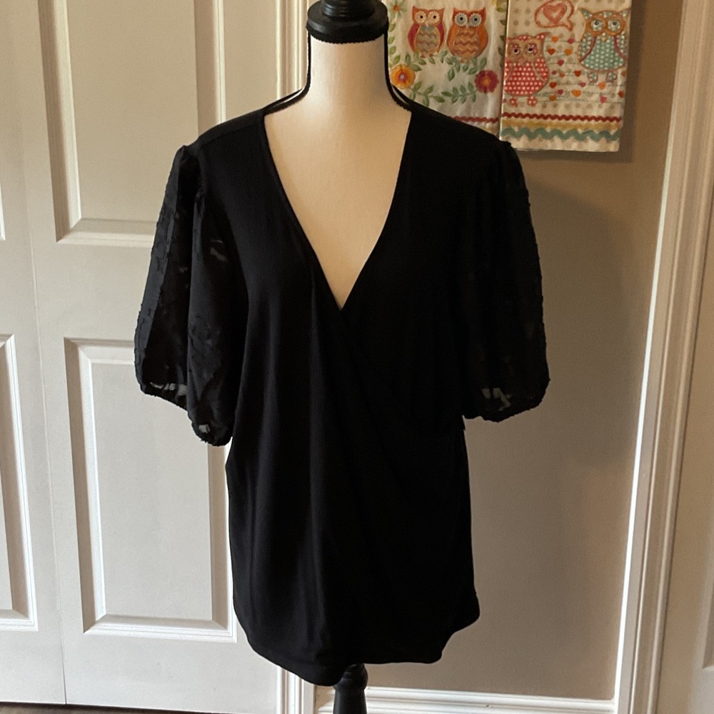 Torrid Black V-Neck Blouse with Lace Sleeves